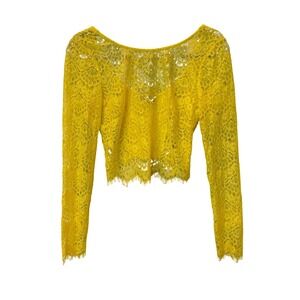 Bebe Yellow Floral Lace Long Sleeve Crop Top Sheer Eyelash Hem M Going Out Y2K